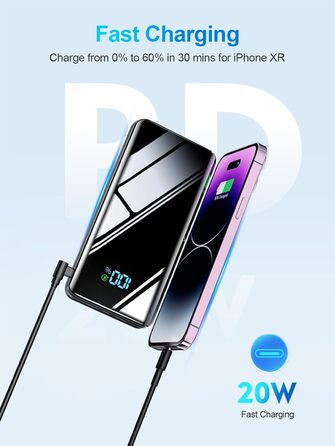 Зовнішні батареї для мобільних телефонів USB C 20W SCP 22.5W Fast Charging Function, Slim Design Strong Power Bank з ліхтариком і світлодіодним дисплеєм для смартфонів, планшетів, кемпінгу на природі, 20000mAh