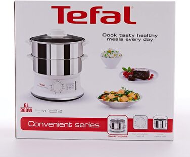 Відпарювач Tefal VC1451 2 контейнери з нержавіючої сталі Ємність 6 л Діаметр 24 см Таймер і автоматичне відключення 900 Вт Біла ЗРУЧНА СЕРІЯ