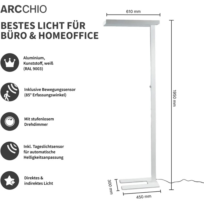 Світлодіодний офісний торшер Arcchio з регулюванням яскравості, детектор руху, датчик денного світла, офісний світильник Торшер вгору і вниз 8000 лм, 4000K, торшер Стельовий омийник Домашній офіс