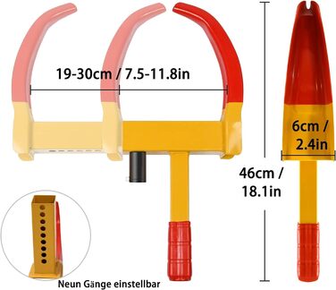 Універсальний іммобілайзер XMTECH Колесо Кіготь Кіготь Кіготь, Паркувальний кіготь Блокування колеса Протиугінний пристрій із замком безпеки та 2 ключами, регулюється для автомобіля, причепа, каравану, автофургону, червоного/жовтого