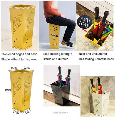 Металева підставка для парасольки HYUREWF, тримач для парасольки з піддоном для крапель і гачком, декоративна полиця для зберігання для дому, офісу, магазину, 22 x 22 x 50 см (чорний) (білий) золотий