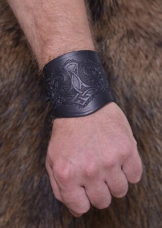 Нарукавники Battle-Merchant зі шкіри, з молотом Тора, короткі - Браслет Arm Warmer Viking LARP Medieval Black