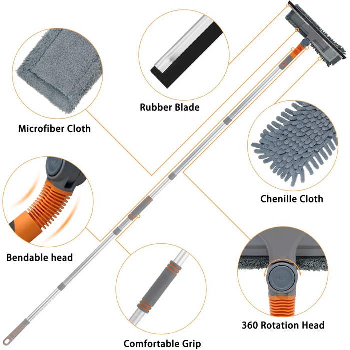 Засіб для чищення вікон, професійний ракель для миття вікон з поворотною головкою та телескопічною ручкою від 58 до 200 см, інструменти для миття скла для внутрішніх та зовнішніх високих вікон