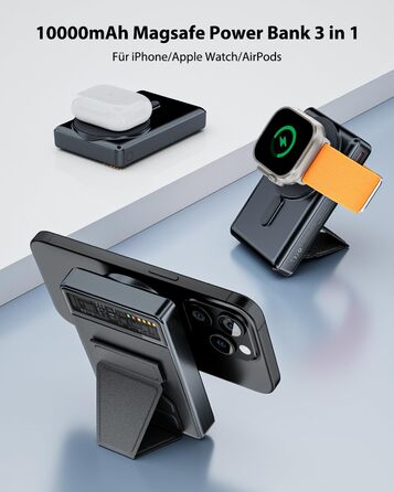 Для iPhone та Apple Watch, 3 в 1 складна магнітна батарея для швидкої зарядки 20W PD зі світлодіодним дисплеєм для iPhone серії 16/15/14/13/12, 10,000mAh