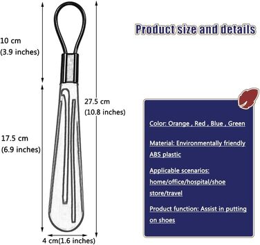 Для жінок, літніх людей, 4 шт. и, портативний, компактний, з короткою ручкою, помічник для взуття, подорож додому, ABS пластиковий підйомник для взуття, підходить для використання на сидінні (колір червоний, розмір 27,5 x 4 кольори