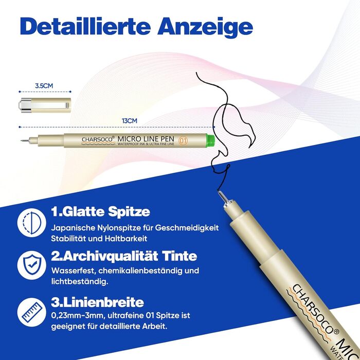 Набір мікроручок CHARSOCO 01 - яскраві кольори, ручки Fine Point Fineliner товщиною 0,25 мм з водонепроникним архівним чорнилом. Ідеально підходить для шкільного приладдя Аксесуари для малювання Artist Line Художні аксесуари Аксесуари для дизайну (24)