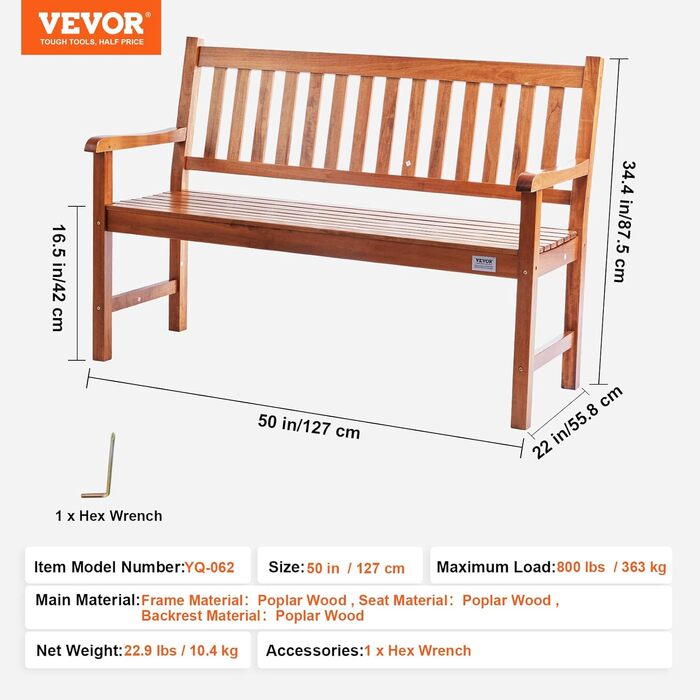Садова лавка VEVOR Дерев'яна лавка для тераси, лавка для парку 127 см вантажопідйомністю 363 кг, садова та паркова лавка на 3 особи зі спинкою та підлокітниками, вінтажна лавка для саду, парку, двору, веранди тощо.