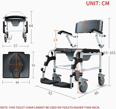 Туалетне крісло UHJKLA для людей похилого віку, Туалетне крісло з відкидними підлокітниками та колесами, Туалетне крісло для туалету, Інвалідна кабіна з алюмінієвого сплаву з