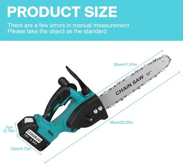 Акумуляторна бензопила 12 дюймів, бензопила ASUNCELL з 2 акумуляторами 5500mAh, електрична бензопила з запобіжником, довжина різання 30 см для садових дерев обрізка ножиці різання дерева