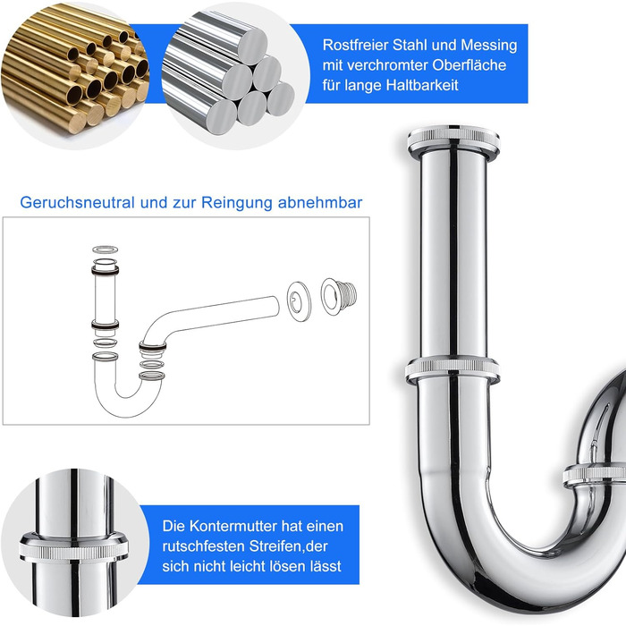 Сифон для пляшок для раковини у ванній кімнаті, сифон і висувний клапан Зливний набір без зливу переливної пробки, сифон раковини, хром (універсальний сифон з нержавіючої сталі, хром)