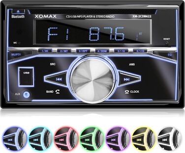 Автомагнітола XOMAX XM-2CDB622 з програвачем компакт-дисків, Bluetooth, радіотюнер RDS, 7 кольорів з регулюванням (червоний, синій, зелений, жовтий, фіолетовий, білий, бірюзовий) USB, SD для MP3 WMA, AUX, 2 шт. роз'єм для сабвуфера, 2DIN