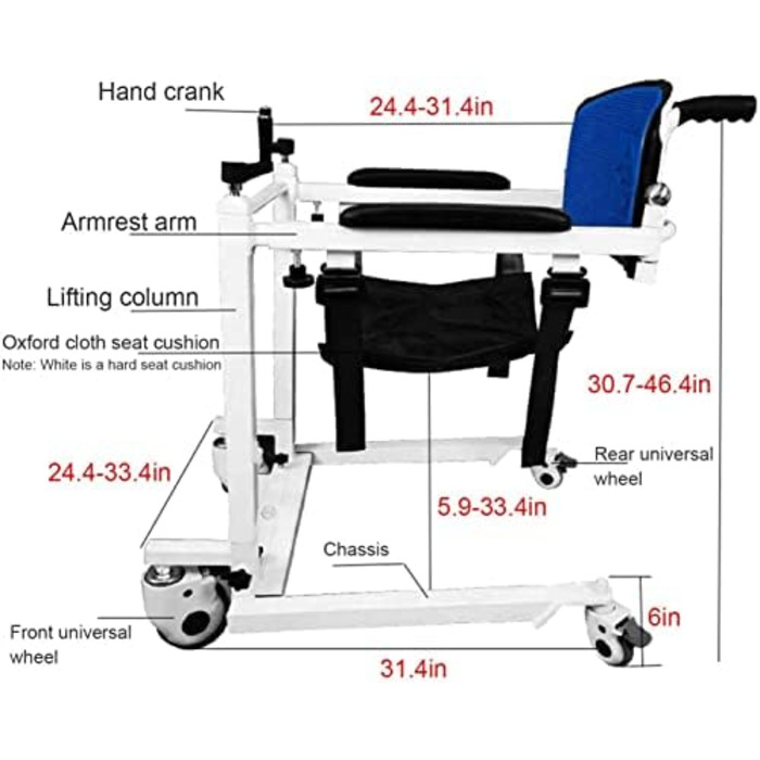 Машина для перенесення інвалідного візка для підйому пацієнта для дому, транспортна інвалідна візка, ручний підйомник, допомога при підйомі пацієнта з м'якою подушкою, допомога для перенесення сидіння унітазу для людей похилого віку, інвалідів, людей похи