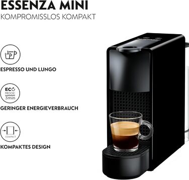 Кавоварка в капсулах Nespresso Krups XN1108 Essenza 14 капсул 19 бар Режим енергозбереження 1260 Вт 0,6 л 8,03 х 3,31 х 12,99 см чорний Клас енергоспоживання A Чорний без піноутворювача молока Одинарний