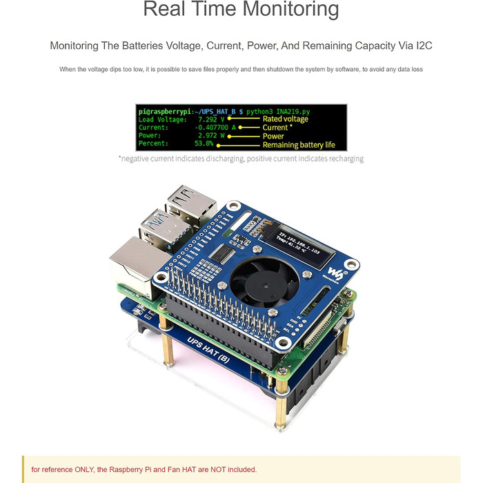 ДБЖ Waveshare має модуль безперебійного живлення 5 В для Raspberry Pi 4B/3B/3B, струм до 5 А, роз'єм Pogo Pins, бортові схеми захисту ESC 5 В і кілька акумуляторів, шину I2C ДБЖ HAT (B) (ЄС)