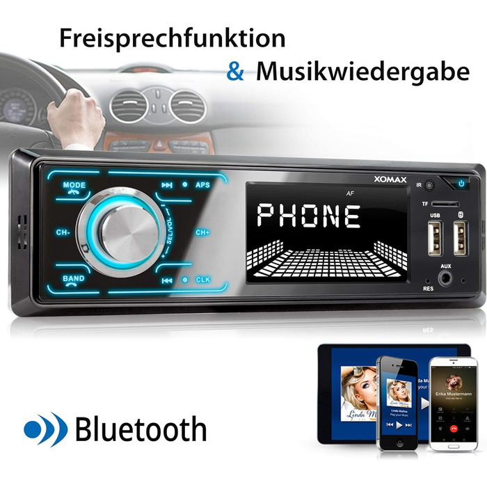 Автомобільна стереосистема XOMAX XM-R271 із системою гучного зв'язку Bluetooth, FM, 7 кольорів освітлення, зарядна станція для смартфона через 2-й порт USB, USB, SD, MP3, AUX-IN, 1 DIN