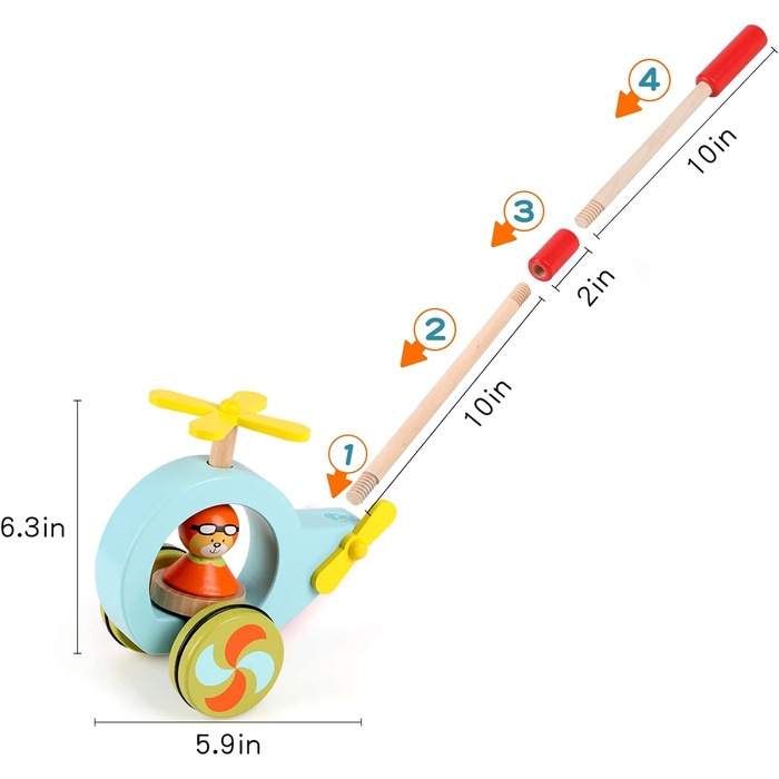 Дерев'яна тягнеться іграшка штовхає іграшка вертоліт дерев'яна тварина для ходьби допомога для малюків зі знімною палицею 24 дюйма