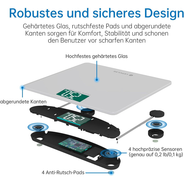 Цифрові ваги для ванної кімнати Lepulse S5 250 кг з вагою та ІМТ, розумні ваги для тіла з синхронізацією додатків через Bluetooth, ваги для людей з надширокою платформою срібла