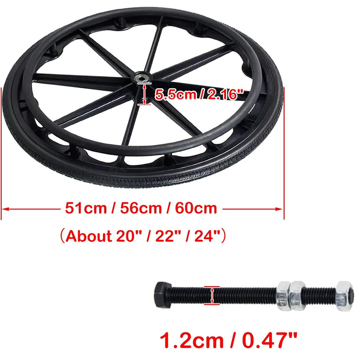 Запасний комплект для задніх коліс інвалідного візка, 2 шт. и, 20 дюймів, 22 дюйми, 24 дюйми, колесо для інвалідного візка, суцільнолите колесо для інвалідного візка з твердого поліуретану, з підшипниками, ручкою та різьбовим валом (розмір 20 дюймів (51 с