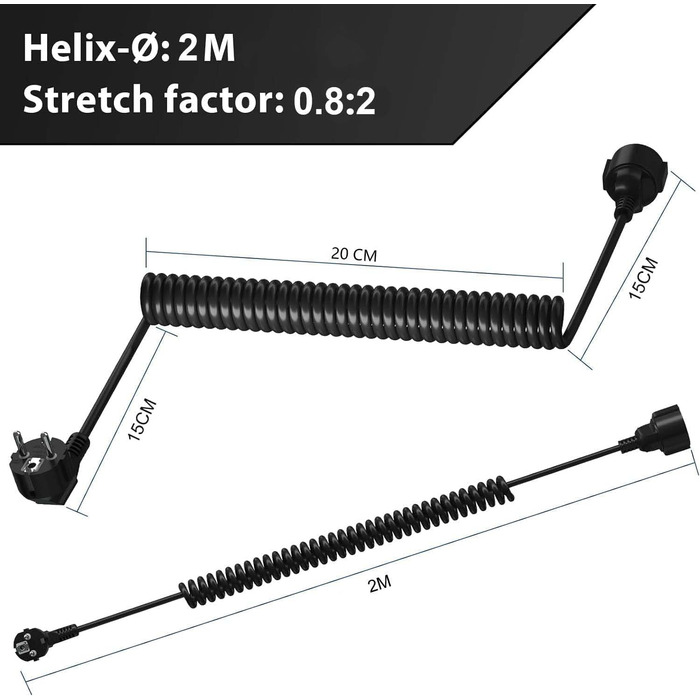 Спіральний кабель-подовжувач від 0,6 м до 2 м макс., захисний контакт Подовжувач Schuko Спіральний кабель захисного контакту Спіральний кабель IP20 із захисною вилкою обмотки контакту та захисною контактною муфтою 2M Black