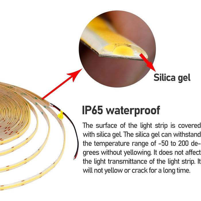 Світлодіодна стрічка GOMING 24 В COB 3000K 5M водонепроникна світлодіодна стрічка IP65 480 світлодіодів / м Без світлових плям CRI 93 Світлодіодна стрічка високої яскравості 4300 лм для прикраси домашньої кухні (тільки стрічка) (теплий білий, 15 метрів)