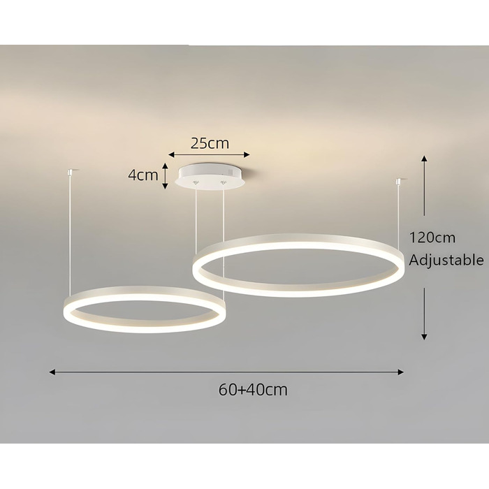Металева світлодіодна люстра WayLuoung 3 кола 204060см Стельовий підвісний світильник 45 Вт Rings, пульт дистанційного керування з регулюванням яскравості 3000-6000K, підвісний світильник з акриловим абажуром, вітальня Спальня Фойє Їдальня (Білий, 26040 с