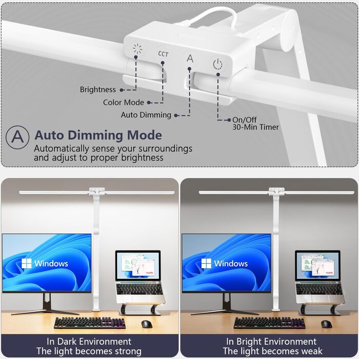 Настільна лампа KableRika LED з регулюванням яскравості, 24 Вт 80 см ультраяскрава настільна лампа з подвійною головою, що затискається, 1200 лм Захист очей Офісна настільна лампа з поворотним кронштейном, лампа для монітора, лампа денного світла, затемне