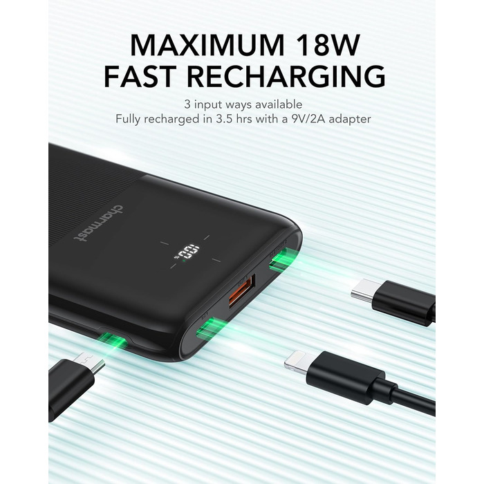 Зовнішній акумулятор 10000mAh зі світлодіодним індикатором, USB C, 20W PD3.0 QC4.0, чорний