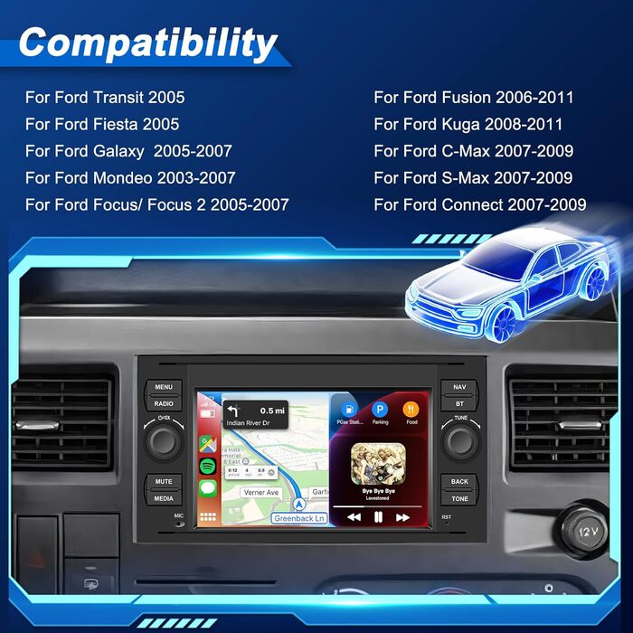 Автомобільна стереосистема Hodozzy 2G64G Android для Ford Transit/Fiesta/Focus/Galaxy/Mondeo/Fusion/Kuga/C-Max/S-Max/Connect, Carplay Android Car, 7-дюймова радіостанція з сенсорним екраном Bluetooth 2 Din Navi WiFi HiFi