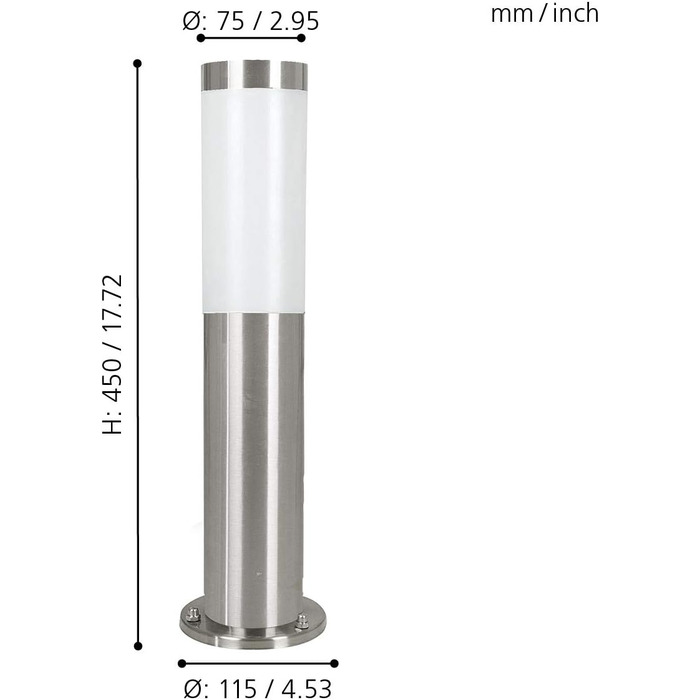 Світлодіодний вуличний доріжковий світильник EGLO Гельсінкі, 1 полум'я зовнішнього світла, тракт-лампа з нержавіючої сталі та пластику, сріблястий, білий, цоколь E27, IP44 Срібна тракт-лампа H 45 см