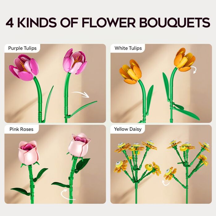 9 Flower Buquet Construction Blocks 695 Pieces, Botanical Collection Construction Kit Plants Home Decoration, Birthday Birthday for Women Children Girls from 8, 9 Flower Buquet Construction Blocks 695 Pieces, Botanical Collection Construction Kit Plants H