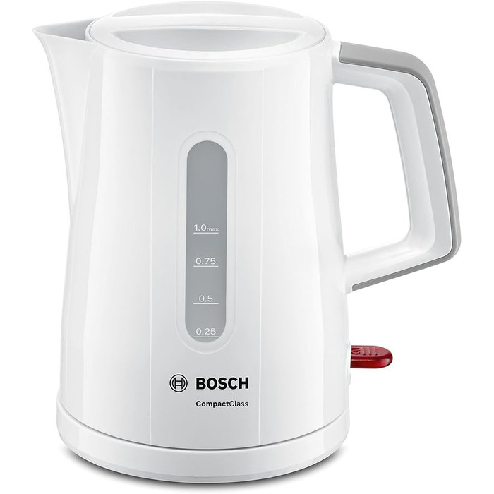 Акумуляторний чайник Bosch CompactClassTWK3A051, швидкий нагрів, індикатор рівня води з обох сторін, захист від перегріву, 1 л, 2400 Вт, білий Single