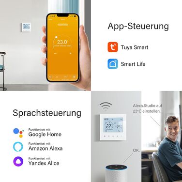 Кімнатний термостат Beok Wi-Fi для теплої підлоги, термостат для водяного опалення Термостати для розумного дому Термостат для теплої підлоги Цифровий вбудований сумісний Alexa, Google Home, 3A 230 В TDR89W-WIFI-WP Білий