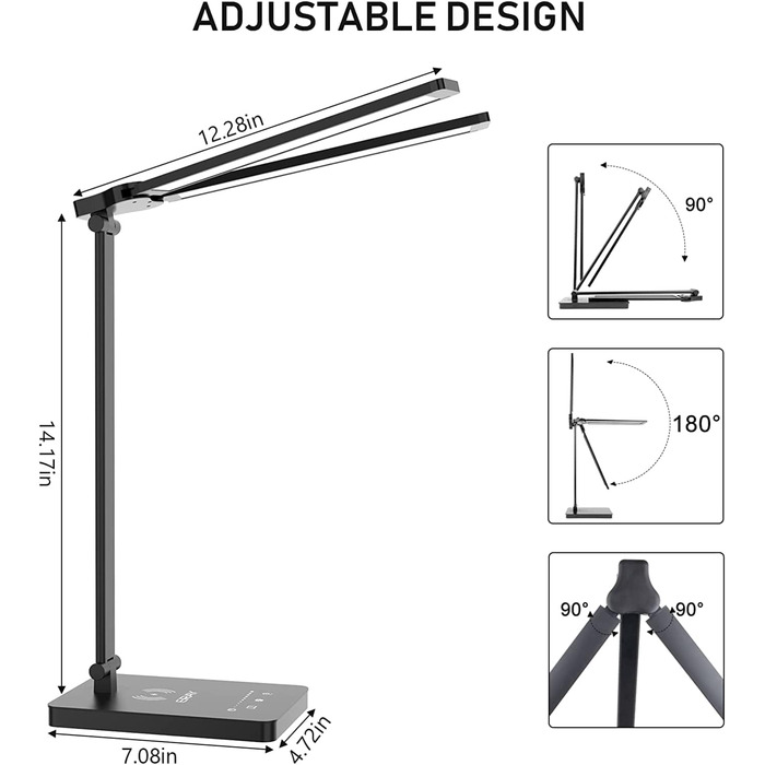 Настільна лампа ERAY з подвійною головою Світлодіодна настільна лампа з регулюванням яскравості 5 колірна температура, настільна лампа бездротова зарядка та USB-порт Смартфони, настільна лампа з функцією таймера для офісу, чорний чорний02