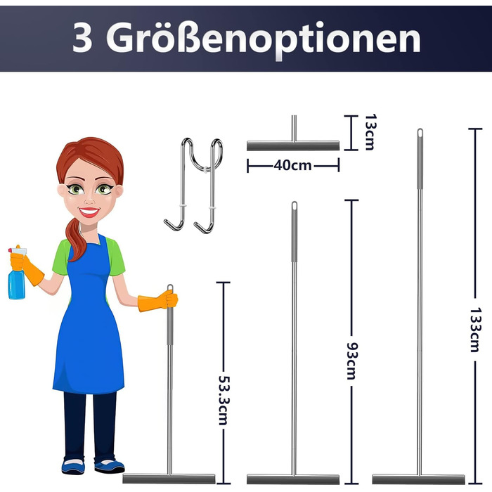 Ракель для підлогового душу, COSANSYS Water Squeegee Підлоговий ракель для душу з довгою ручкою 133 см, Ракель для душового вікна з силіконовою губкою та ручкою, Ракель для води підлоговий з гачком (нержавіюча сталь)