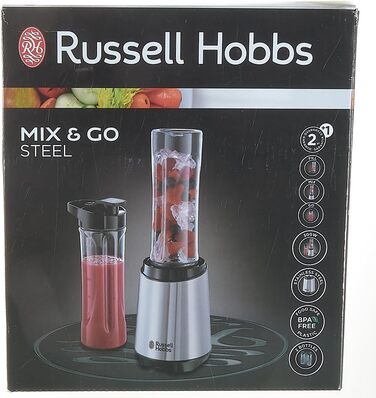 Блендер Russell Hobbs - міксер і смузі-машина на винос потужність двигуна 23 500 об/хв в т.ч. 2 шт. глечик блендера 600 мл (без бісфенолу А, посудомийна машина та кришка, що не б'ється) Подрібнювач, нержавіюча сталь, 23470-56