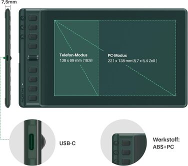 Графічний планшет HUION Inpiroy 2 Портативний планшет для малювання 6,3 x 3,9 дюйма з 8192 пучками без батарейок, 6 актів друку ролик, для Windows Mac Linux Android ChromeO Roa (M, Green)