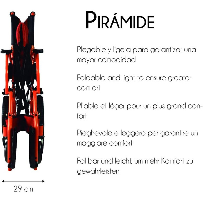 Інвалідний візок, Складний, Легкий, Сидіння 46 см, Дві гальмівні системи, Відкидна спинка, Алюміній, Складні підніжки, Модель Piramide, Маленькі колеса, Фіксовані підлокітники