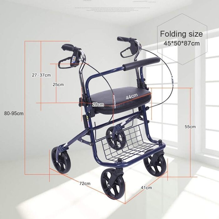 Ходунки з сидінням і колесами Медичні допоміжні засоби для пересування Складні, Рама для ходьби з кошиком для зберігання, Синій Цікаво