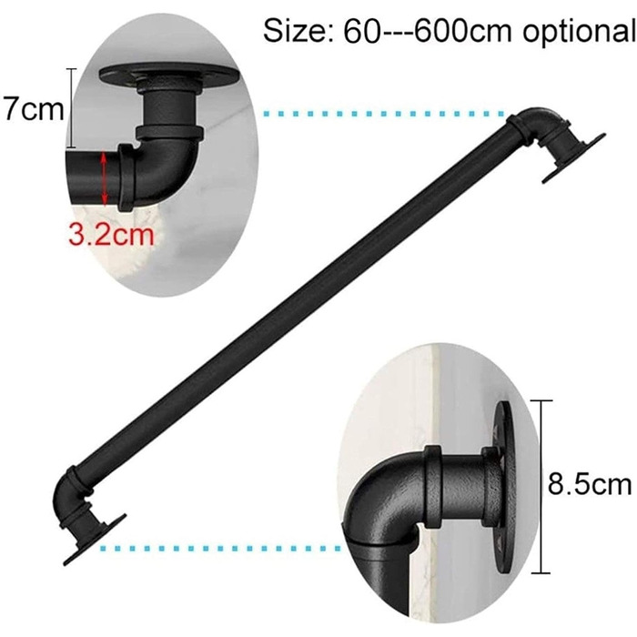 Промисловий залізний поручень для водопровідної труби, настінний, набір для сходів, чорний, нековзний, для внутрішнього та зовнішнього використання, коридорів, стійкий до іржі та довговічний багатоцільовий дизайн 8 футів/240 см