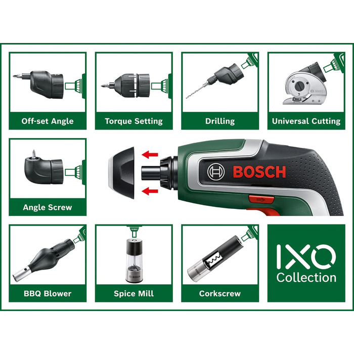 Акумуляторний шуруповерт Bosch IXO 7-го покоління, 3.6 В, 2.0 Агод, 5.5 Нм, комплект з кутовим кріпленням, кабелем micro USB