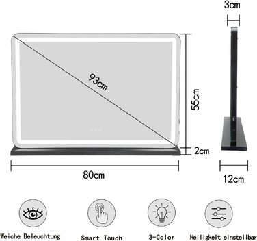 Голлівудське дзеркало для макіяжу LIANWANG з підсвічуванням, голлівудське дзеркало з 3 колірними температурами, велике дзеркало для макіяжу з сенсорним управлінням і USB для макіяжу 80 X 55 см - чорне