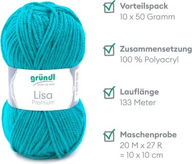 Пряжа Grndl Lisa Premium Uni Knitting & Crochet Yarn (м'яка і вовняний характер, проста в догляді миється трикотажна пряжа з 100 поліакрилу, 50 г/ 133 м, розмір голки 3,5 - 4,5, 10 кульок по 50 г кожен), (бензин)