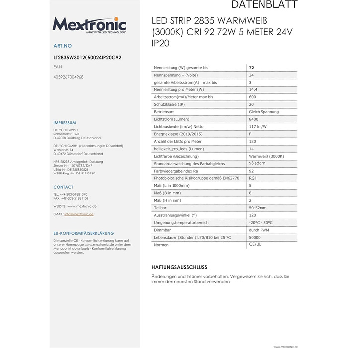 Світлодіодна стрічка Mextronic тепла біла (3000K) - CRI 92, 72W, 5 метрів, 24V, IP20