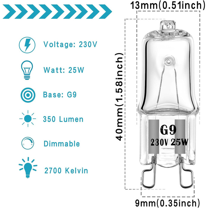 Лампа для духовки G9 Галогенна лампа 25 Вт 230 В Лампа для духовки для духовки та мікрохвильової печі 300 градусів C Термостійкі лампочки 6 шт.