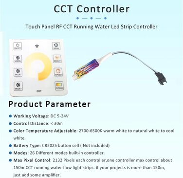 Проточна вода 1903 IC Світлодіодна стрічка Двоколірний гнучкий браслет для скачок 10 м комплект з контролером сенсорної панелі Блок живлення 24 В 200 Вт (комплект 10 м), 24V CCT