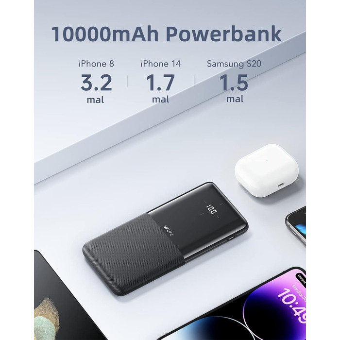 И, Power Bank USB C Портативний зарядний пристрій Зовнішній акумулятор мобільного телефону 2 USB USB C 2.4A Вихідні порти для смартфонів, iPhone, Samsung, Huawei, телефонів Android та інших Black Black & Black, 10000mAh 2 шт.