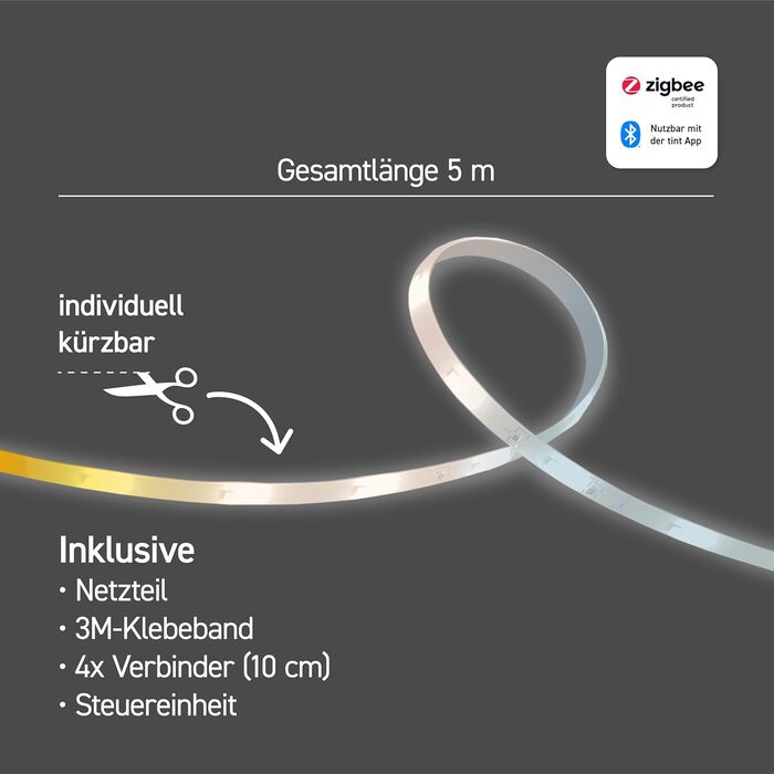 Тонування розумної світлодіодної стрічки, біле світло для непрямого освітлення, зміна кольору, затемнення, довжина 5 м, 18 Вт, BluetoothZigbee, працює з Alexa White 5 м