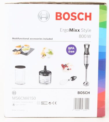 Ручний блендер Bosch ErgoMixx Style MS6CM4150, ніжка блендера з нержавіючої сталі, чашка для змішування та вимірювання, віночок, 4-лезовий ніж, ергономічний дизайн, 12 рівнів плюс турбо, 800 Вт, L-подрібнювач з нержавіючої сталі 500 мл