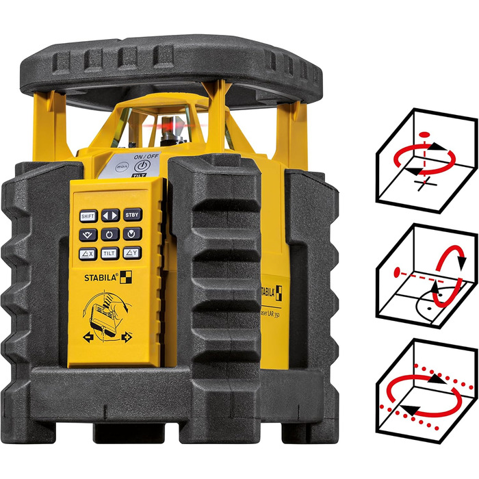 Обертовий лазер STABILA LAR 350, комплект з 9 предметів, самовирівнювання, ручне 2-осьове нахилення, з моторним керуванням, водонепроникний і пилонепроникний до IP 65, вкл. приймач, будівельний штатив і комплект нівеліра з 9 предметів