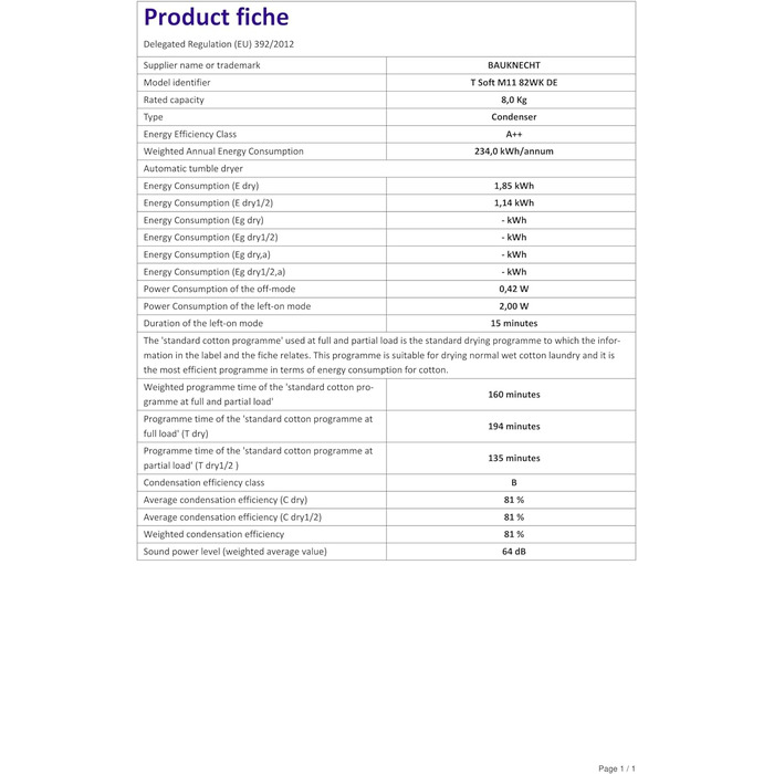 Сушильна машина  Bauknecht T Soft M11 82 N з тепловим насосом до 8 кг клас енергоспоживання A.